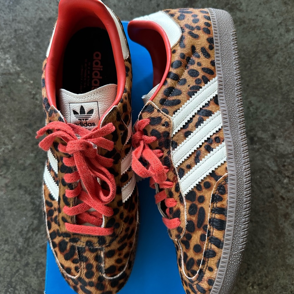 Adidas Samba Leopard Print Pony Hair Sneakers with Red and White Details